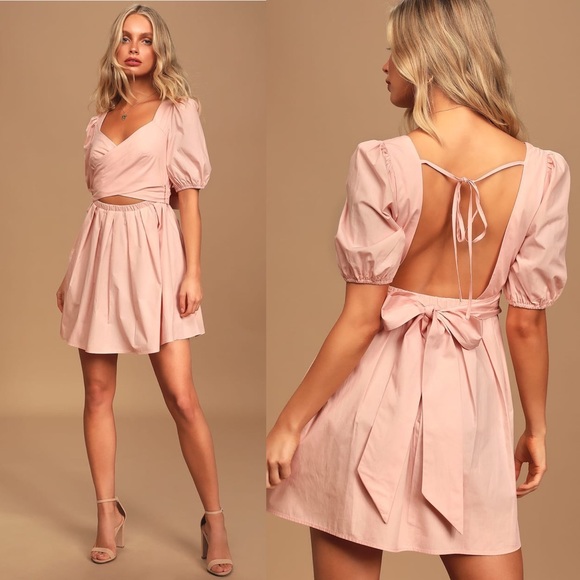 Cotton Light Pink Short Sleeve V-neck Mini Dress - Picture 2 of 6
